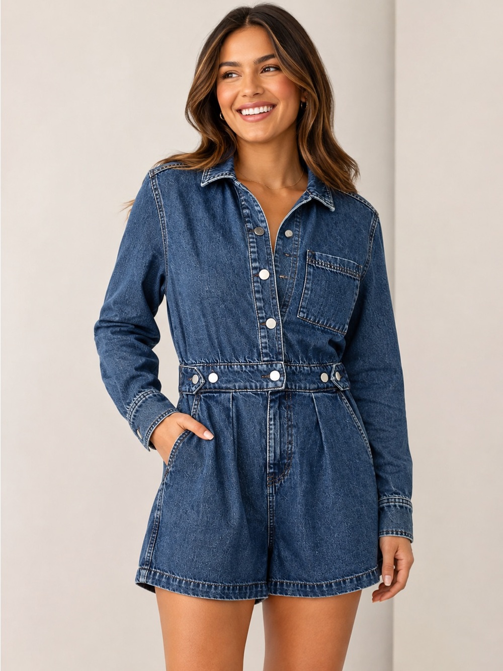 Universal Thread Women’s Denim Utility Romper Long Sleeve Button Front Blue